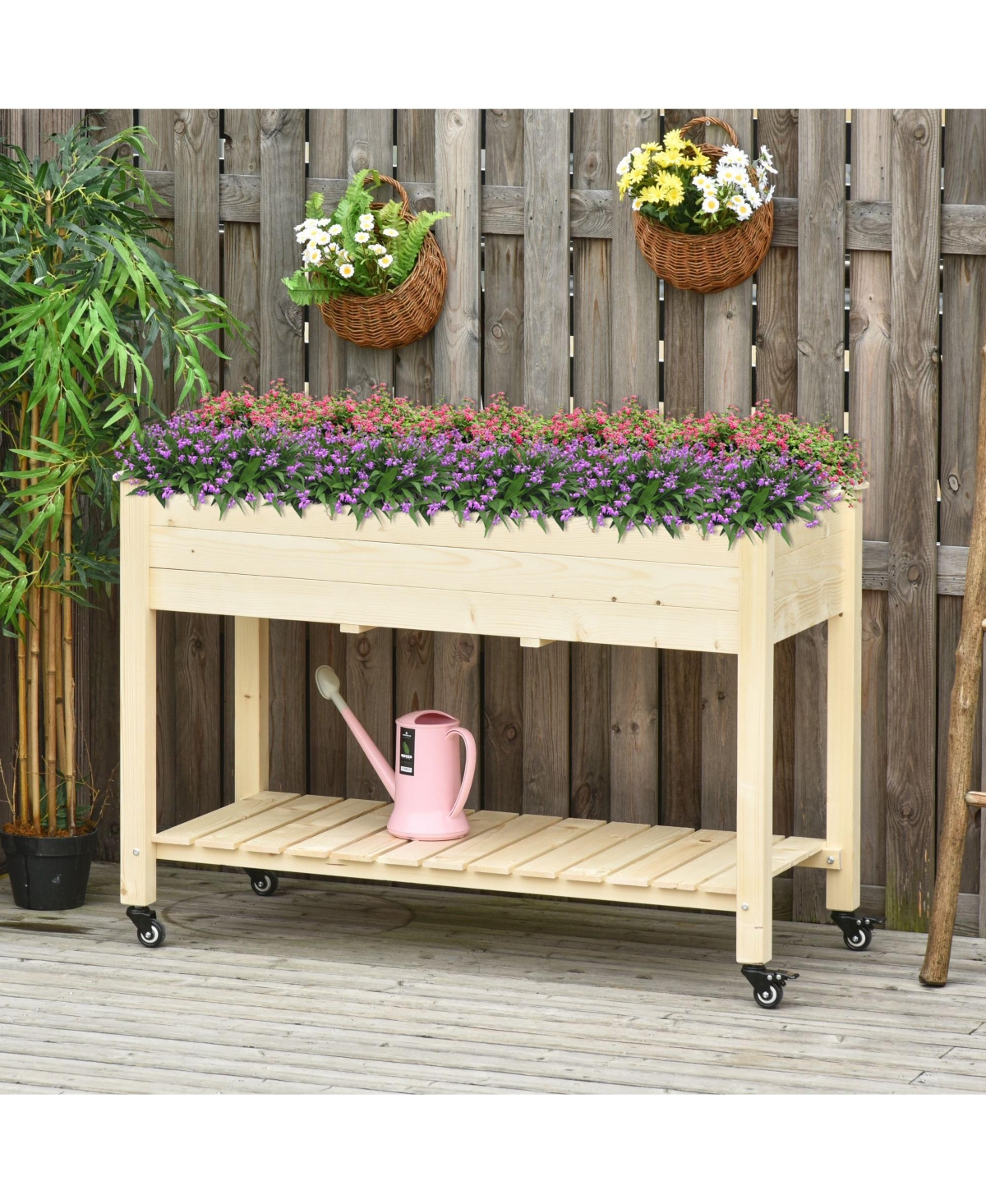 Outdoor/Indoor Raised Garden Bed on Wheels w/ Non-Woven Bag & Shelf - Natural