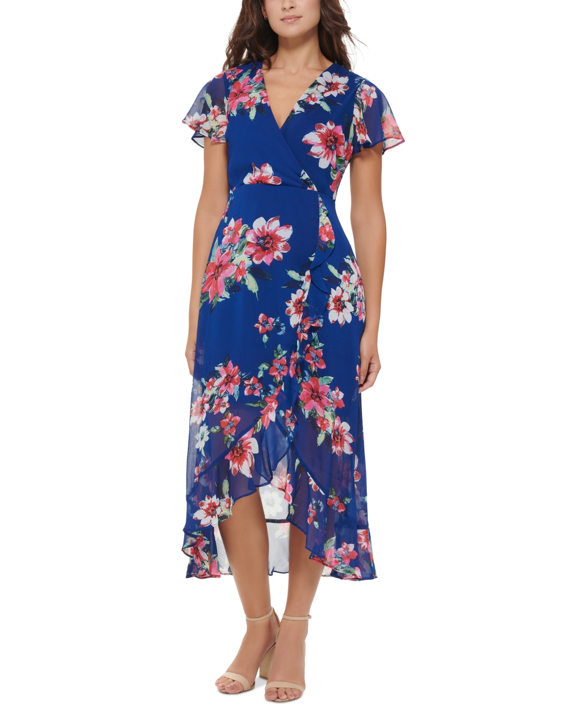 kensie Women's Floral-Print Flutter-Sleeve Faux-Wrap Dress