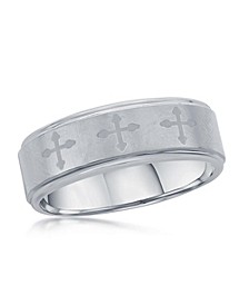 Mens Brushed & Polished Tungsten Ring - Cross Design