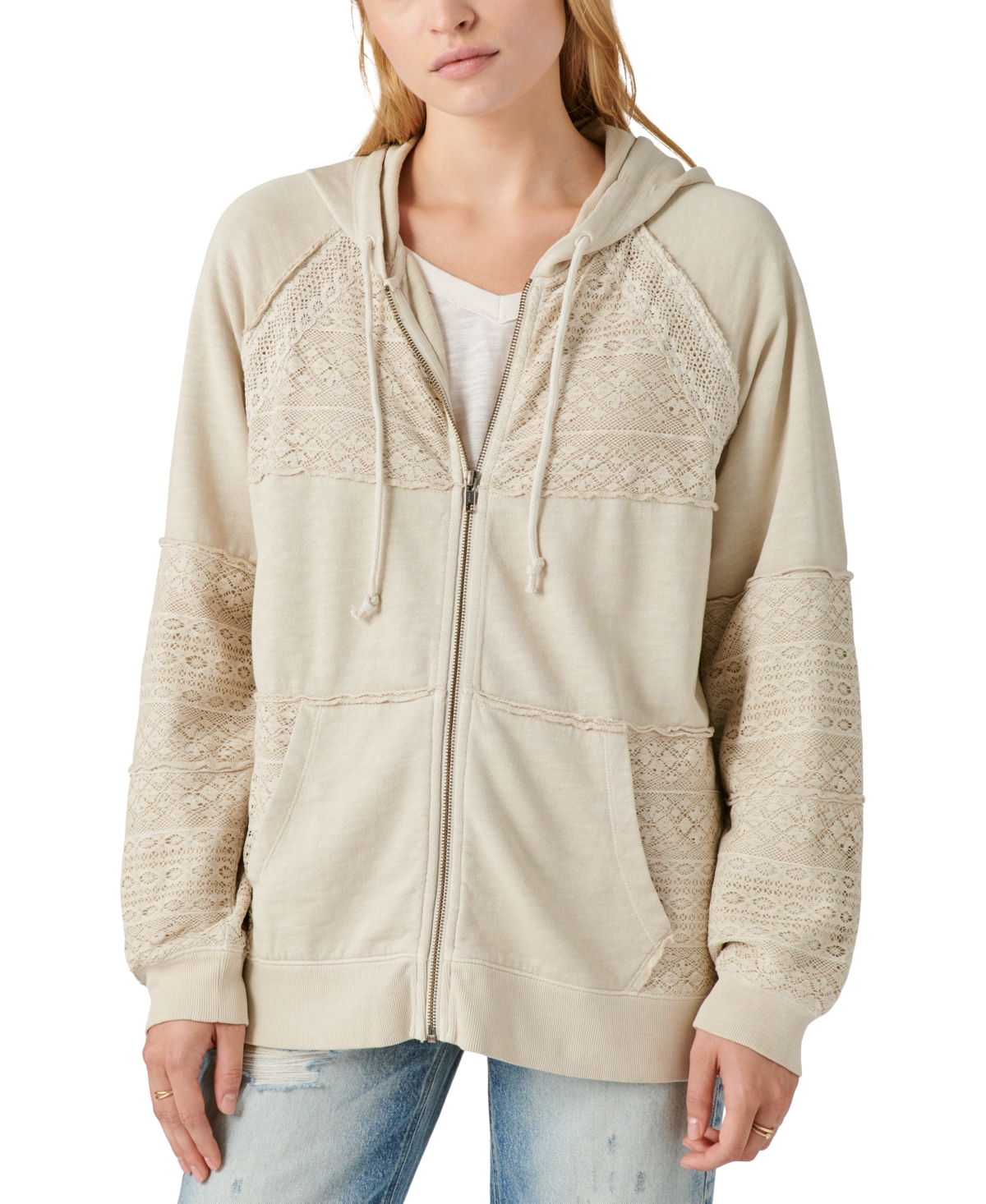 Lucky Brand Cotton Lace Panel Zip Up Hoodie Sweatshirt In Peyote