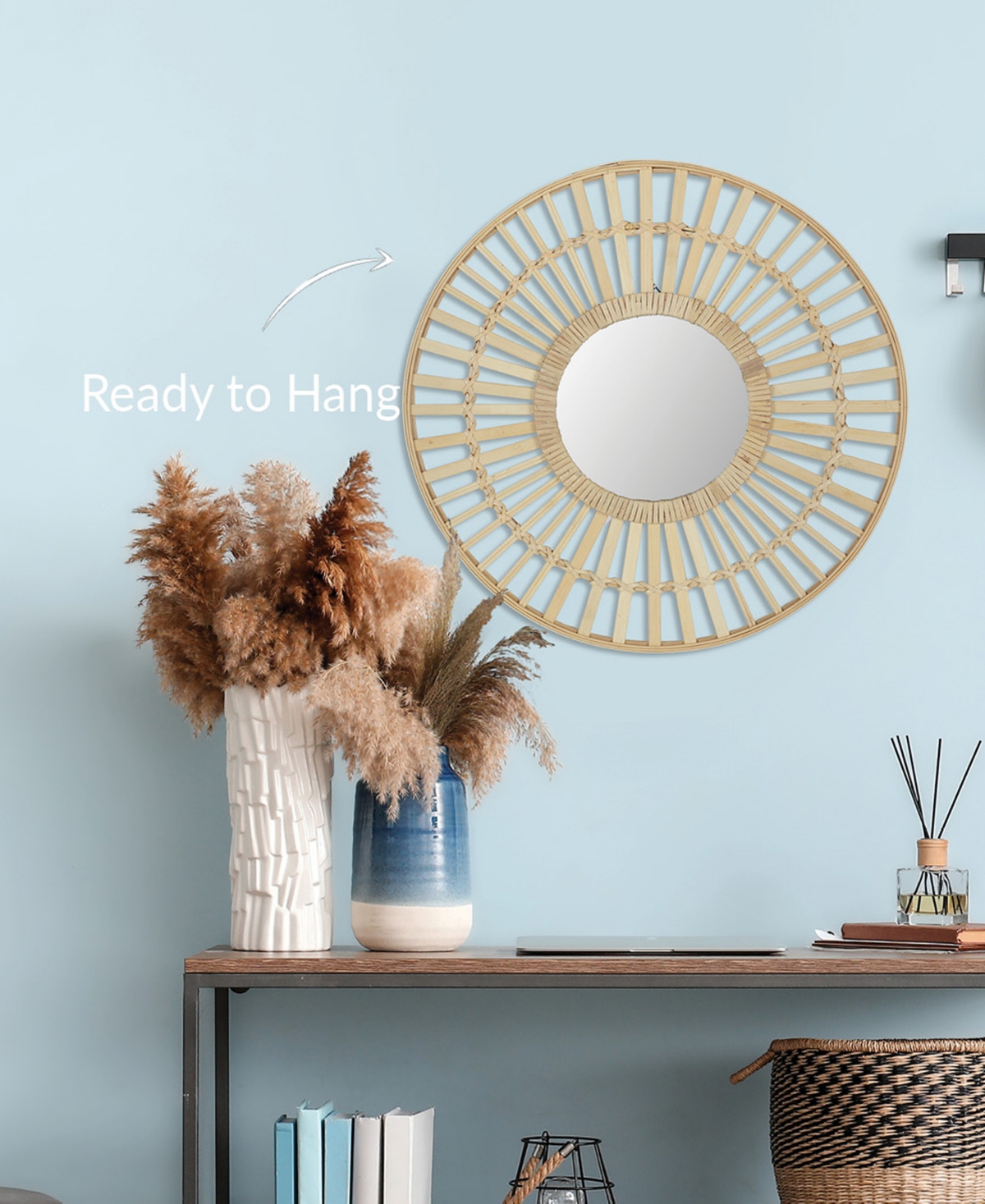 Round Rattan Boho Decorative Wall Mirror, D