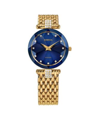 Facet Strass Swiss Gold Plated Ladies 30mm Watch - Blue Dial