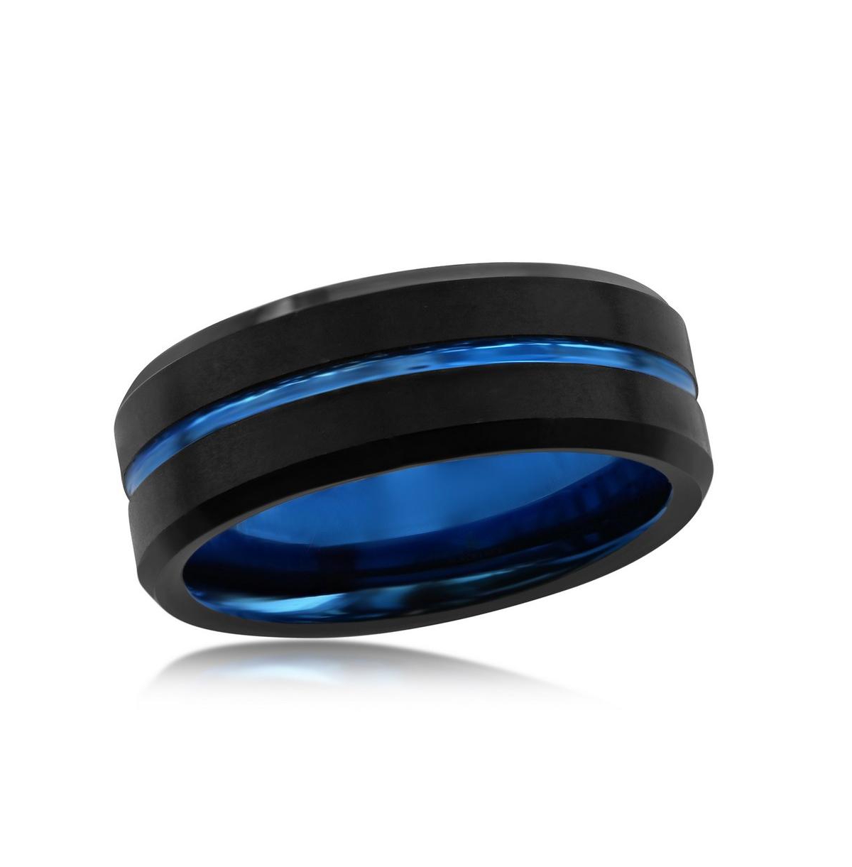 Blackjack Men's Beveled Etched Stripe Band In Tungsten & Ion-plating In Blue