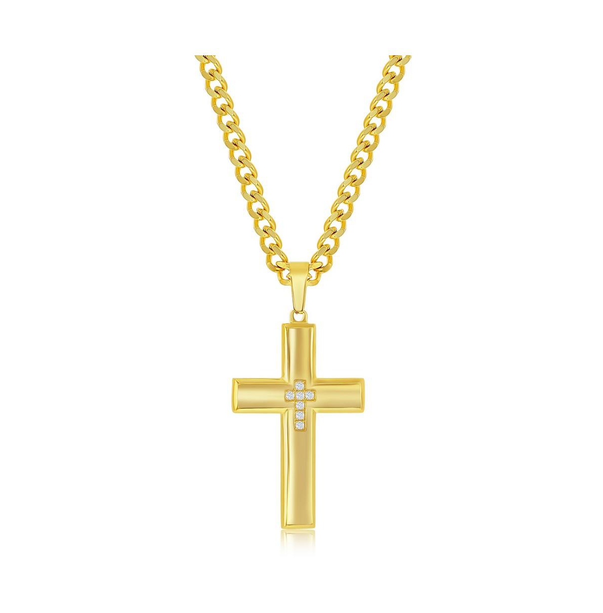 BLACKJACK MENS STAINLESS STEEL CZ CROSS NECKLACE - GOLD PLATED