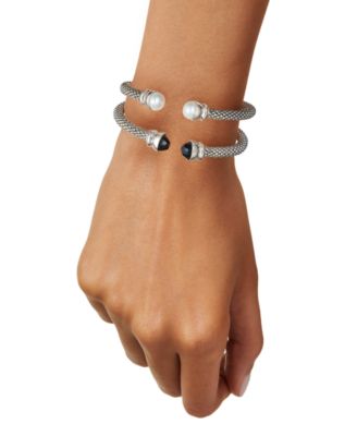 2-Pc. Set Cultured Freshwater Pearl (8 1/4 - 8 1/2mm) & Onyx Popcorn Cuff Bangle Bracelets in Sterling Silver