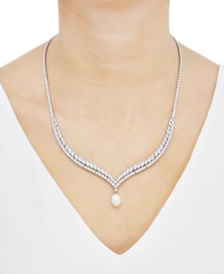 Cultured Freshwater Pearl (9x11mm) & Cubic Zirconia 17" Collar Necklace in Sterling Silver
