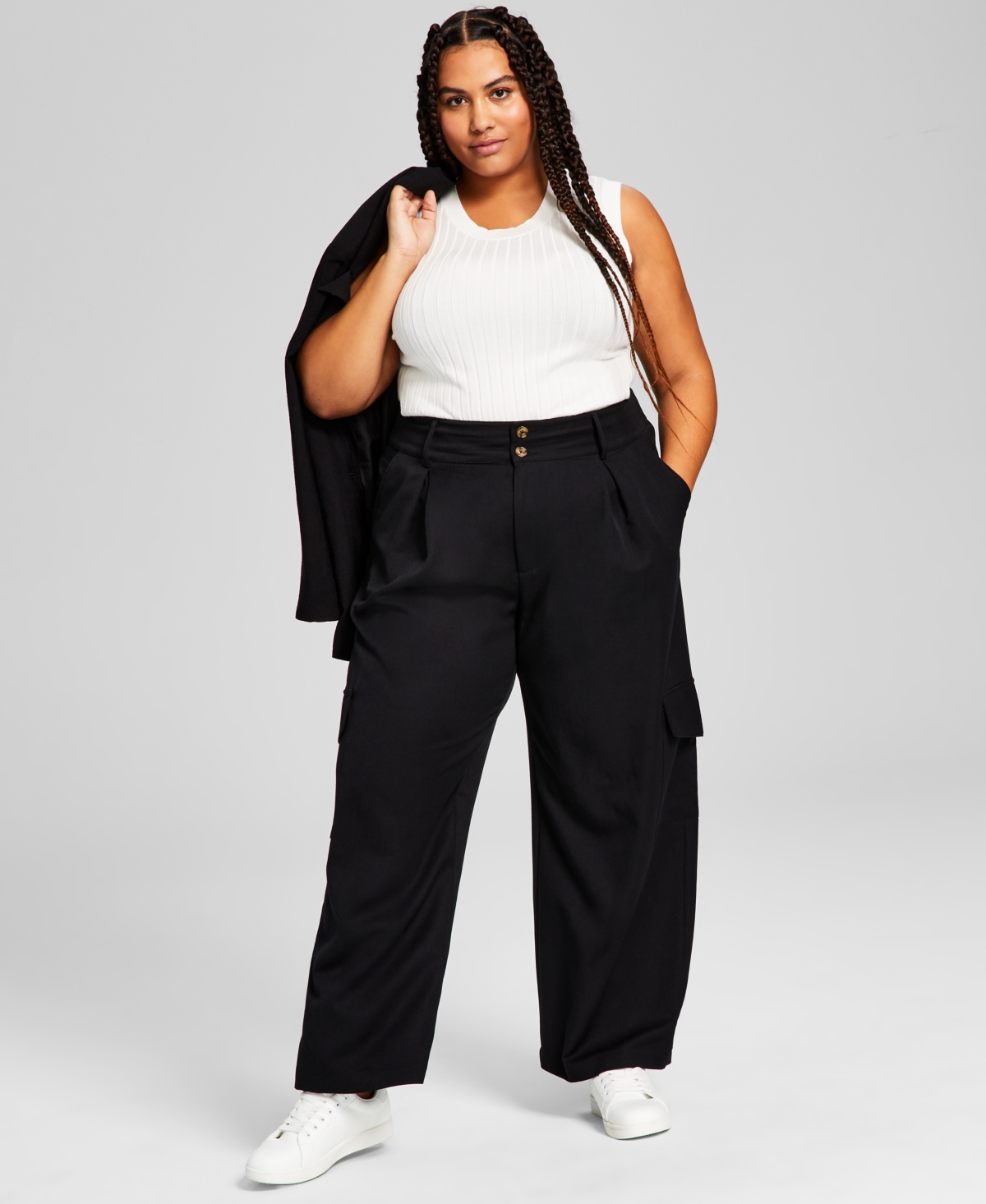 And Now This Trendy Plus Size Wide-leg Pleated Cargo Pants In Black