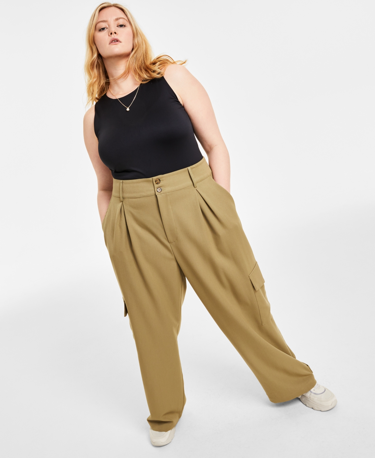Shop And Now This Trendy Plus Size Wide-leg Pleated Cargo Pants In Olive