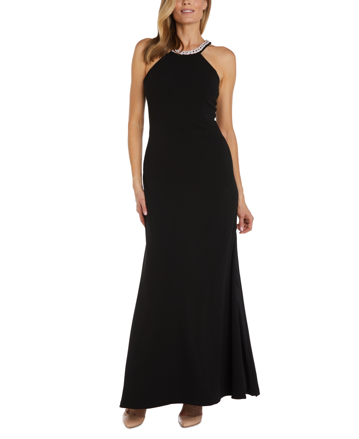 Nightway Women's Rhinestone-trim-neck Scuba Crepe Gown In Black