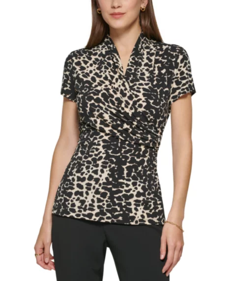 Petite Animal-Print Draped Surplice Blouse - Black/Tan