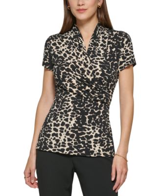 売れ筋商品|||ダナ キャラン ニューヨーク カットソー トップス レディース Petite Animal-Print Draped Surplice Blouse, Created for Macy's Black/Tan DKNY Petite Animal-Print Draped Surplice Blouse, Created for