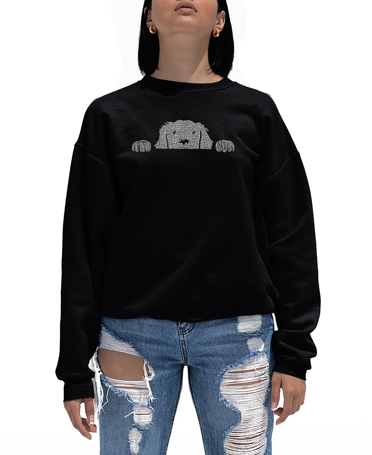 La Pop Art Women's Peeking Dog Word Art Crewneck Sweatshirt In Black