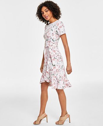 Calvin Klein Women's Floral-Print Short-Sleeve Ruffle-Hem Dress - Macy's