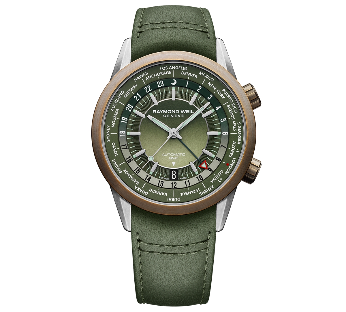Shop Raymond Weil Men's Swiss Automatic Freelancer Gmt Green Leather Strap Watch 41mm