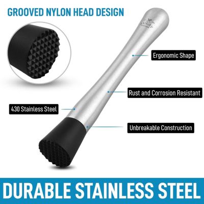 Professional Stainless Steel Cocktail Muddler with Grooved Nylon Head