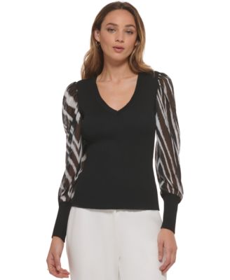 DKNY - Women's Ribbed Mixed-Media Long-Sleeve Sweater