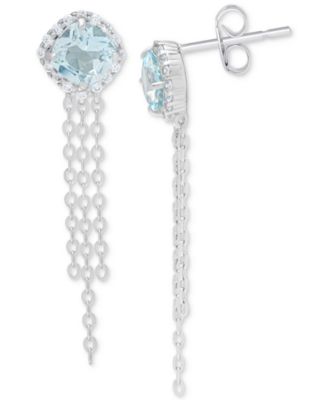 Macy's - Blue Topaz (1-1/4 ct. t.w.) & Lab grown White Sapphire (1/6 ct. t.w.) Cushion Halo Chain Drop Earrings in Sterling Silver