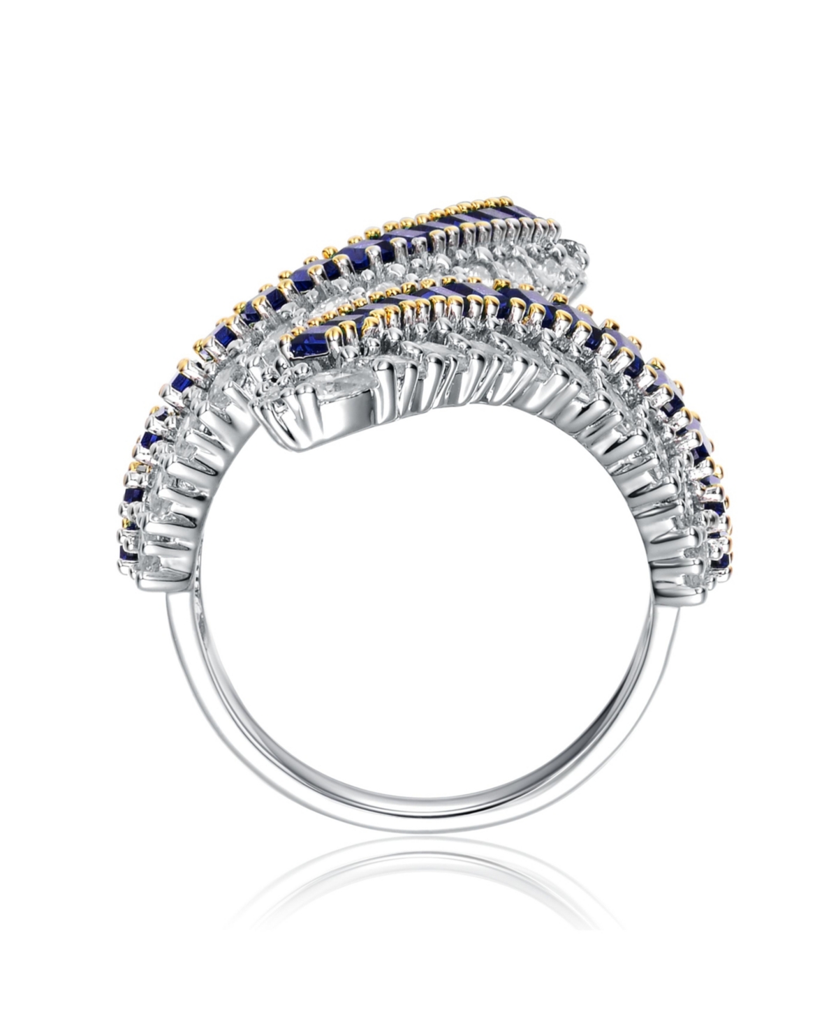 Genevive Elegant Sterling Silver Bypass Ring with Rhodium Plating andCubic Zirconia - Blue