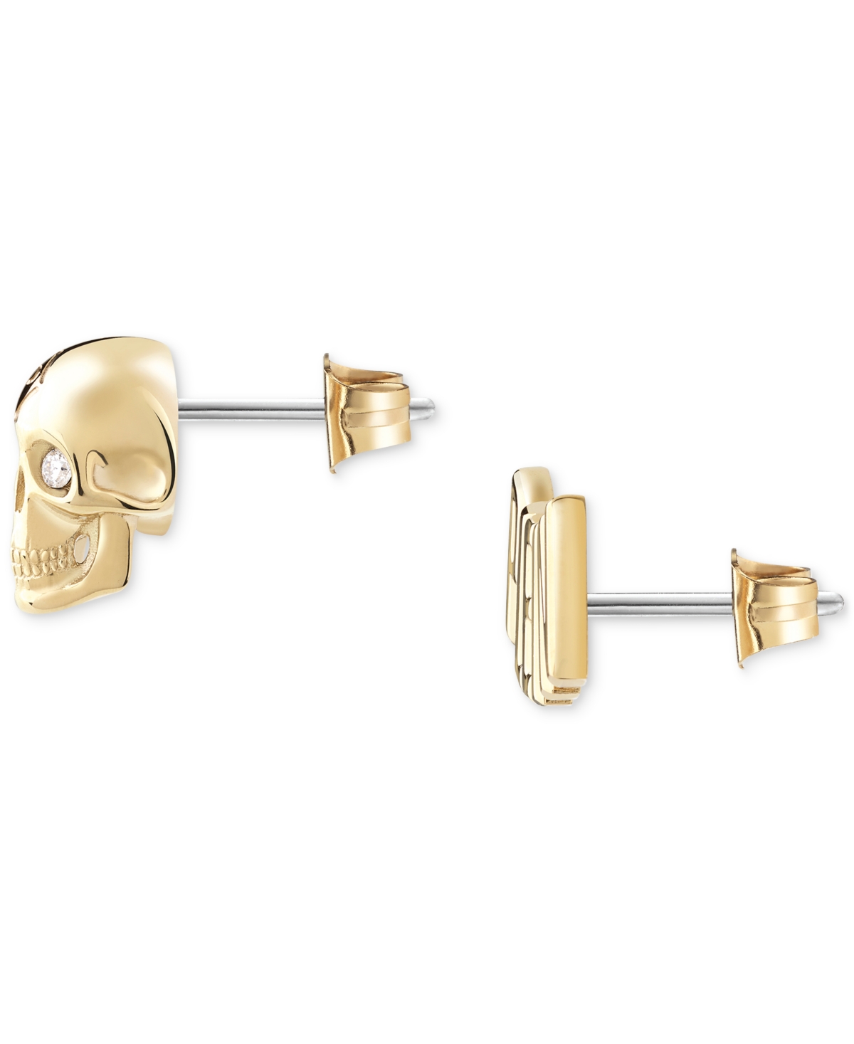 Shop Philipp Plein Gold-tone Ip Stainless Steel Pave 3d $kull & Plein Lettering Mismatch Stud Earrings In Ip Yellow Gold