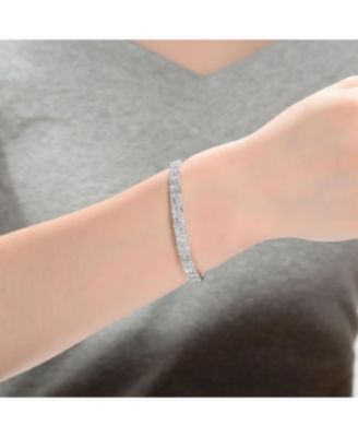 Sterling Silver with Rhodium Plated Clear Round and Green Cubic Zirconia Two-Row Accent Bangle Bracelet