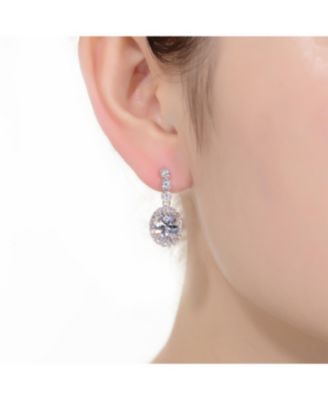 Sterling Silver with Clear Oval and Round Cubic Zirconia Halo Drop Earrings in White Gold Plated or 14K Gold Plated
