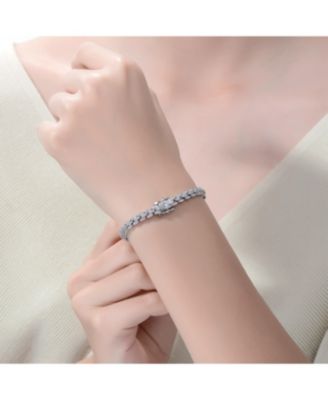Rhodium-Plated with Cubic Zirconia Round Flat Link Tennis Bracelet in Sterling Silver