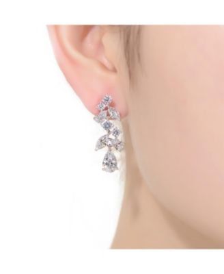 Sterling Silver with Rhodium Plated Clear Pear with Marquise and Round Cubic Zirconia Accent Dangle Earrings