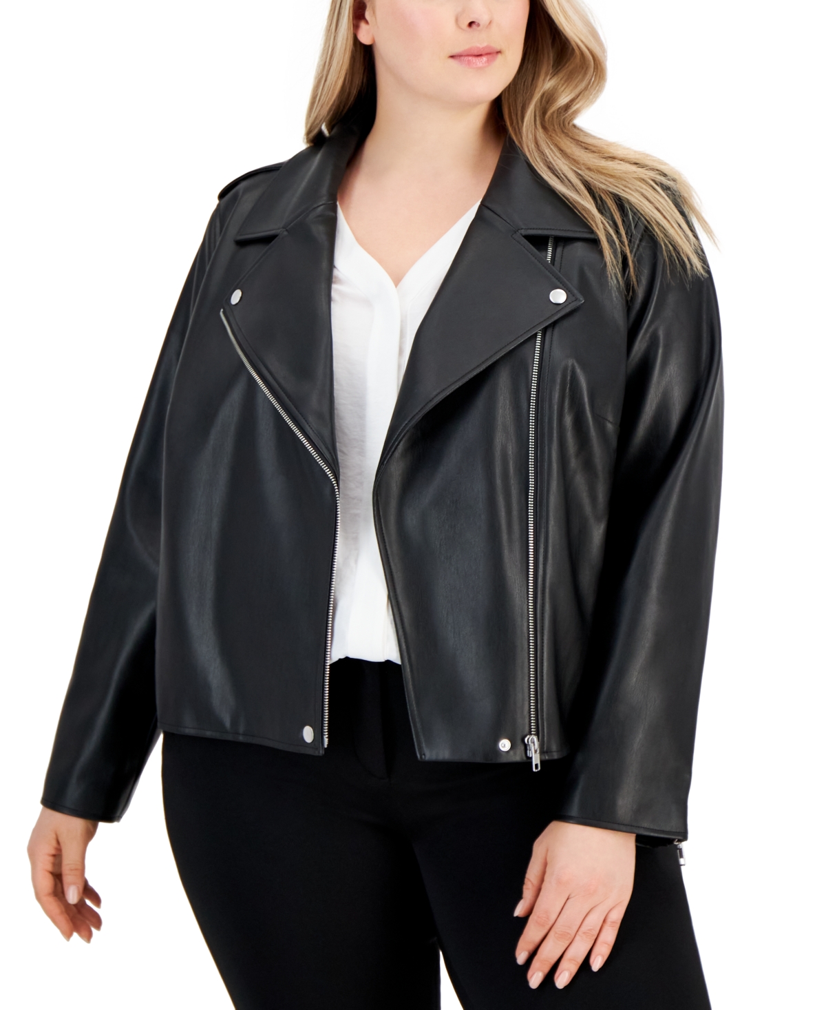 Plus Size Faux-Leather Moto Jacket, Created for Macy's - Deep Black