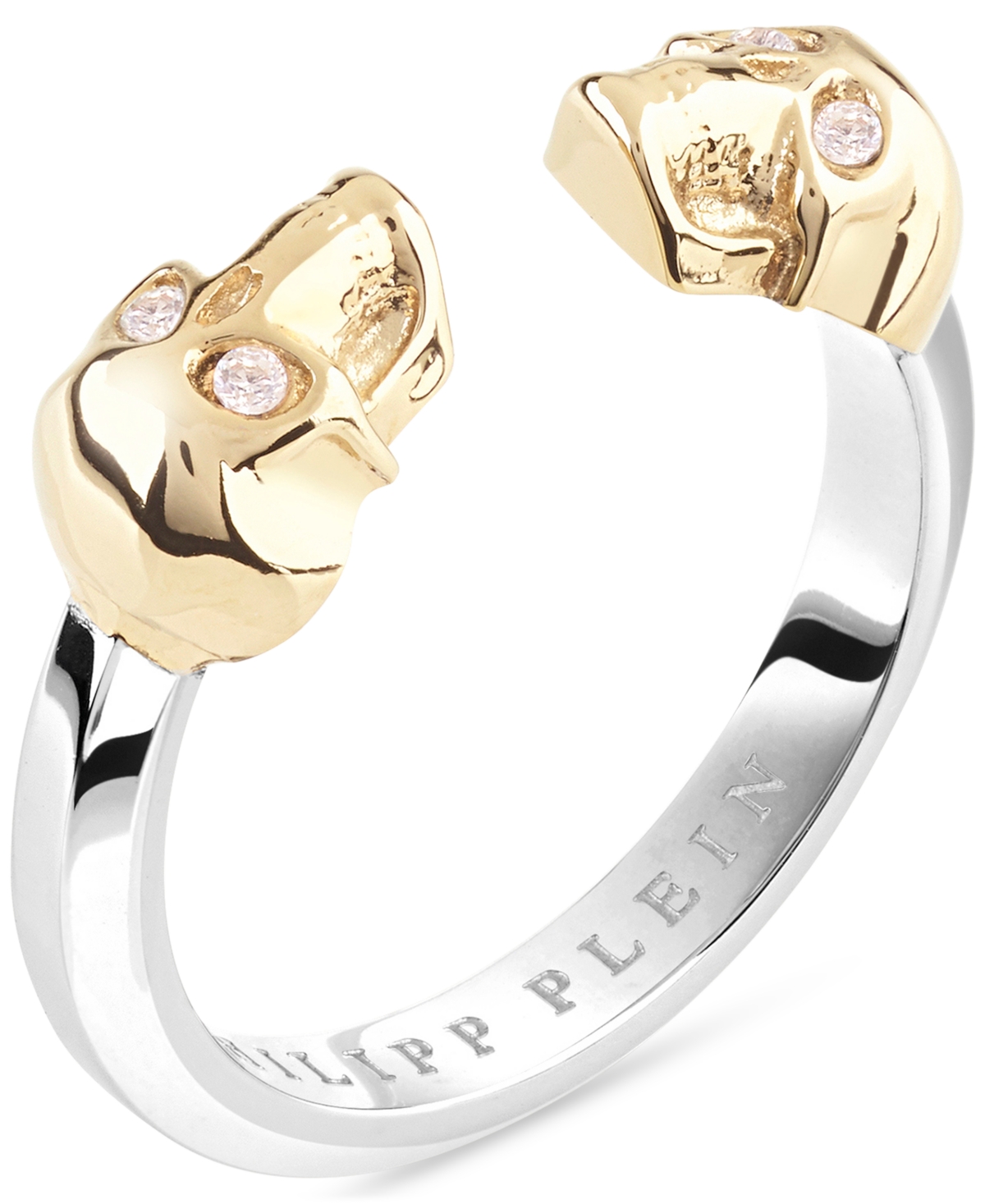 Shop Philipp Plein Two-tone Stainless Steel Pave 3d $kull Cuff Ring In Two Tone