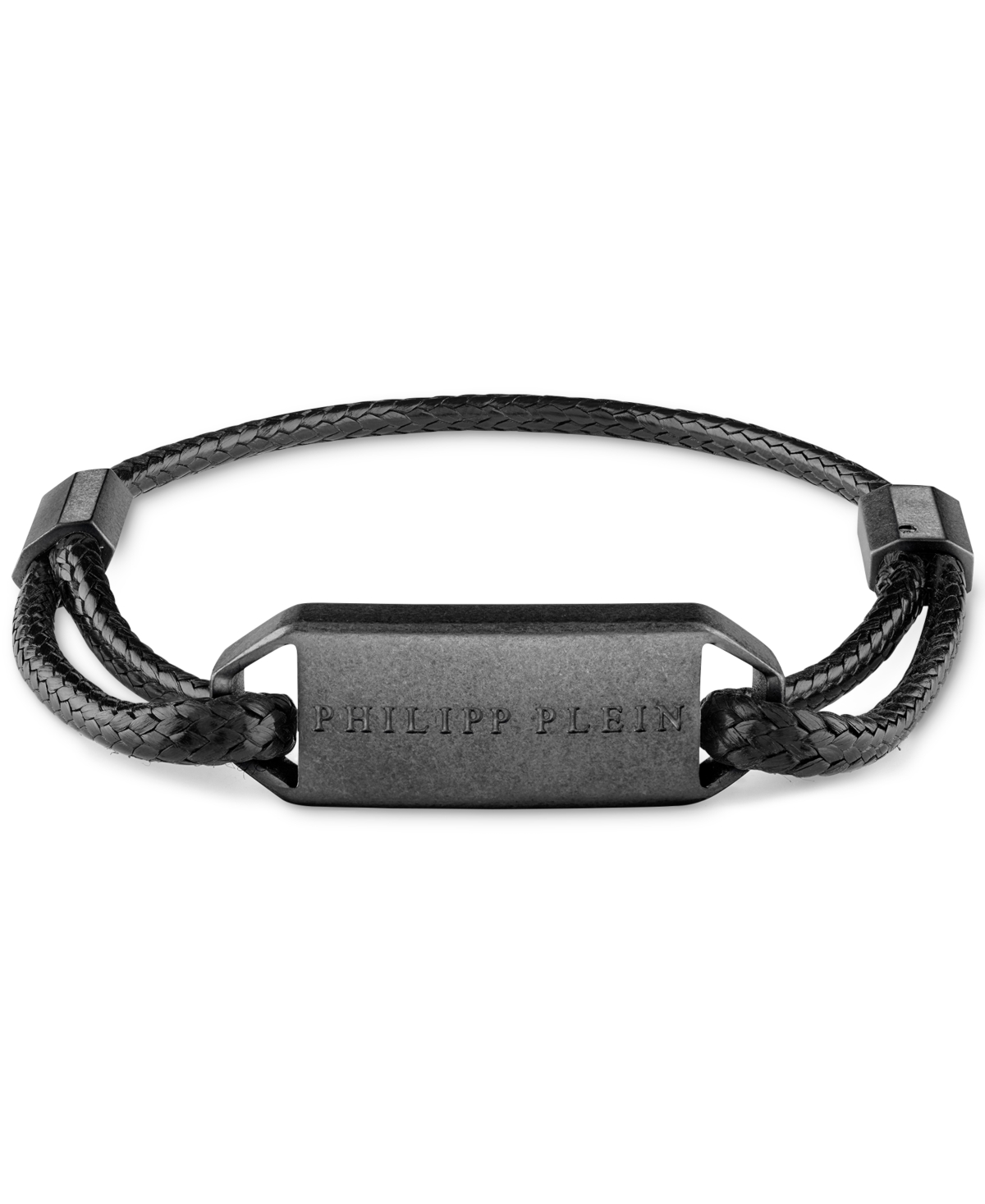 Shop Philipp Plein Gunmetal Ip Stainless Steel Tag Leather Bracelet