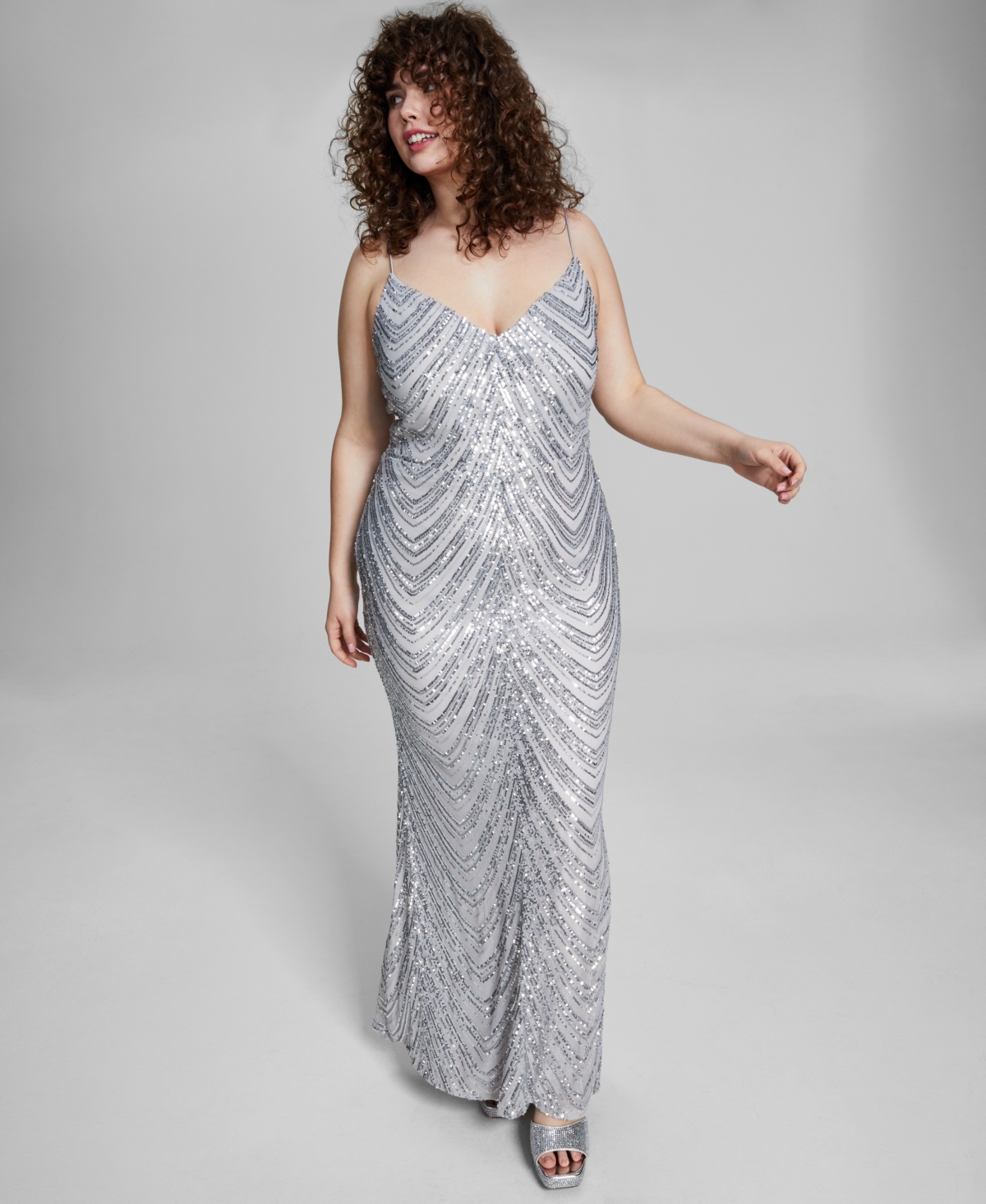 B Darlin Trendy Plus Size Sequined V-neck Sleeveless Gown In Grey,silver