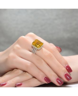 Sterling Silver White Gold Plated Yellow Ascher with Clear Round Cubic Zirconia Triple Pave Ring