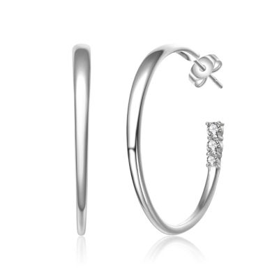 Rhodium-Plated with Cubic Zirconia 3-Stone C-Hoop Earrings in Sterling Silver