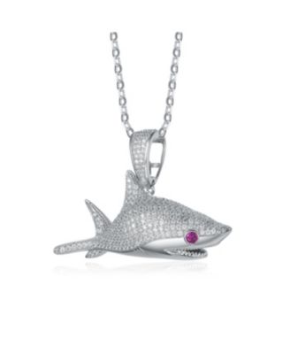 Rhodium-Plated with Red &  Cubic ZIrconia Ice Out Shark Pendant Necklace in Sterling Silver