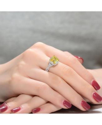 Sterling Silver White Gold Plated Yellow Cushion Cubic Zirconia with Clear Round Cubic Zirconias Accent Twisted Ring