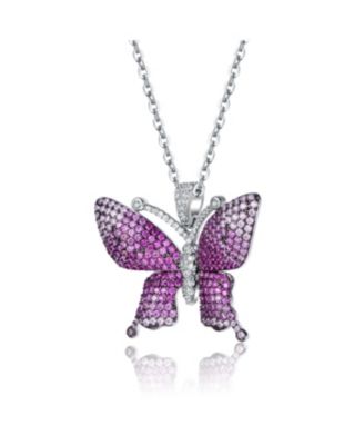 Sterling Silver with Rhodium and Black Plated Red Cubic Zirconia Butterfly Pendant Necklace