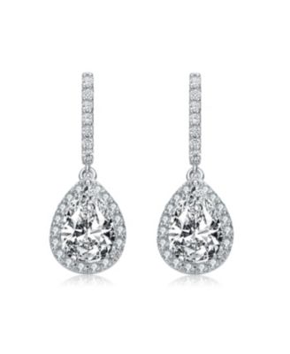 Sterling Silver with Rhodium Plated Clear Pear and Round Cubic Zirconia Halo Linear Drop Earrings
