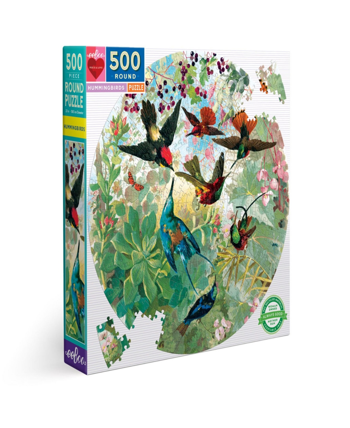 Eeboo Piece Love Hummingbirds Round Circle Jigsaw Puzzle Set, 500 Piece In Multi