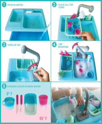 Wash-up Kitchen Sink Running Water Pretend Play Color Changing Kitchen Toy Cups and Accessories 15 Piece Set with Working Faucet