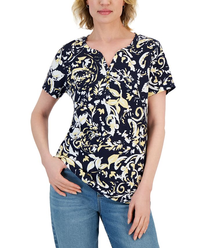 Karen Scott Women's Scoop-Neck Short-Sleeve Printed Top, Created for Macy's