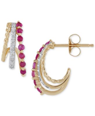 Ruby (1/4 ct. t.w.) & Diamond (1/10 ct. t.w.) Curved Halo Hoop Earrings in 14k Gold