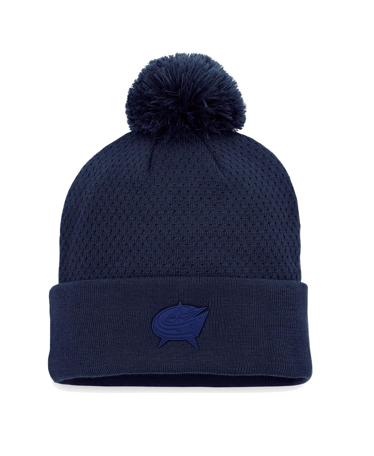 Shop Fanatics Women's  Navy Columbus Blue Jackets Authentic Pro Road Cuffed Knit Hat With Pom
