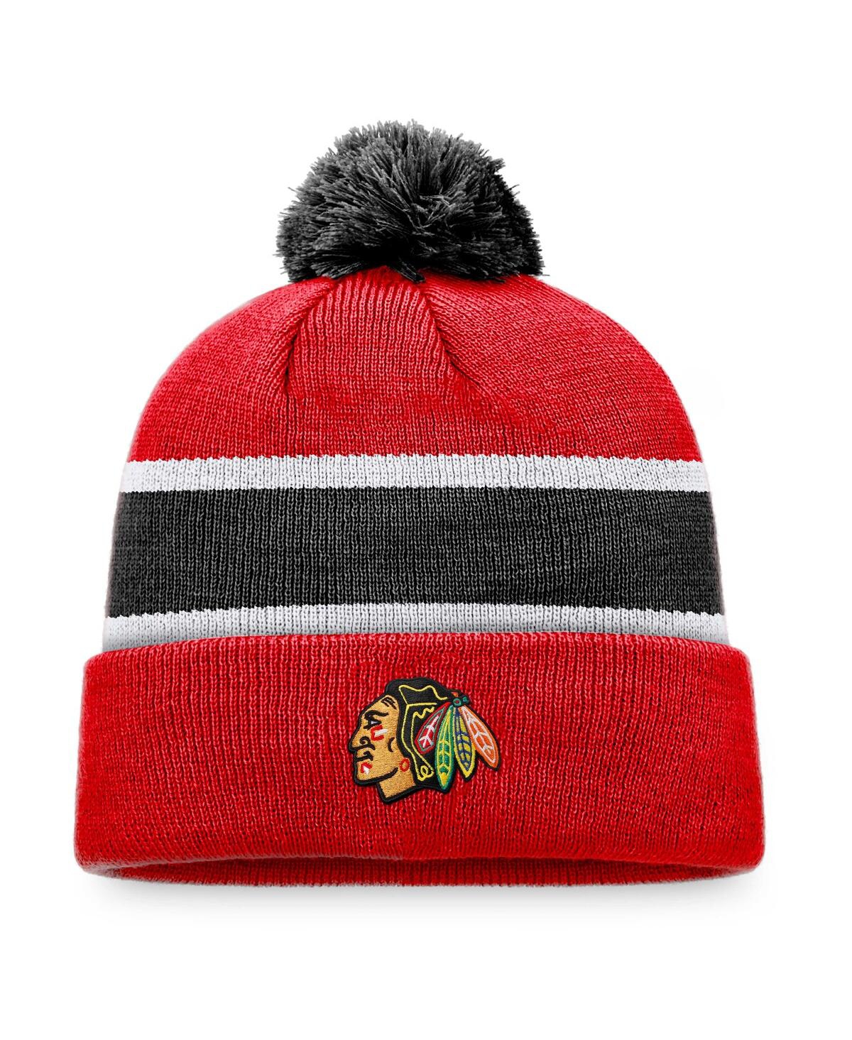 Fanatics Men's  Red, Black Chicago Blackhawks Breakaway Cuffed Knit Hat With Pom In Red,black