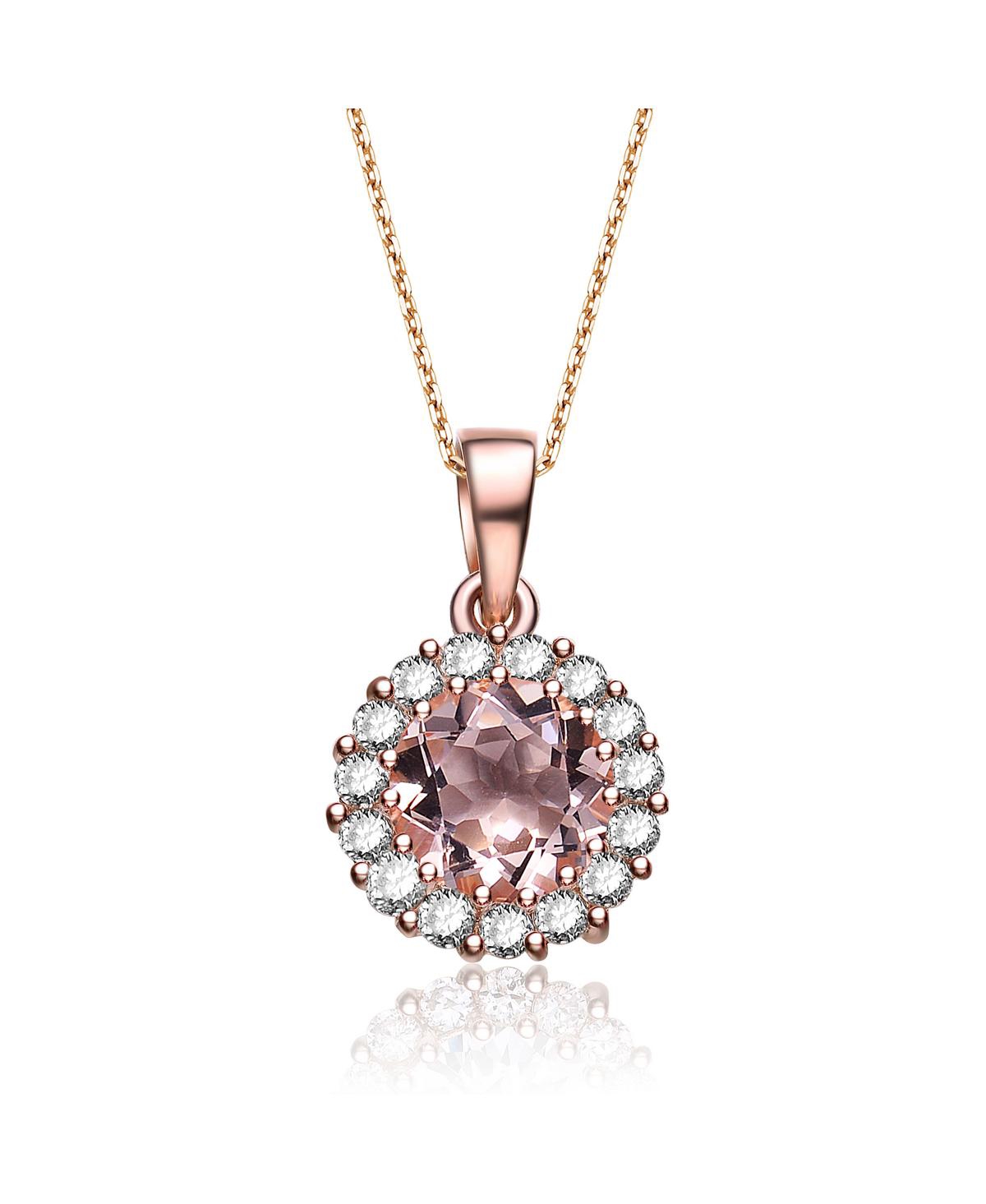 Sterling Silver with Rose Gold Plated Morganite Pink Round Cubic Zirconia with Small Clear Round Cubic Zirconias Halo Necklace - Rose
