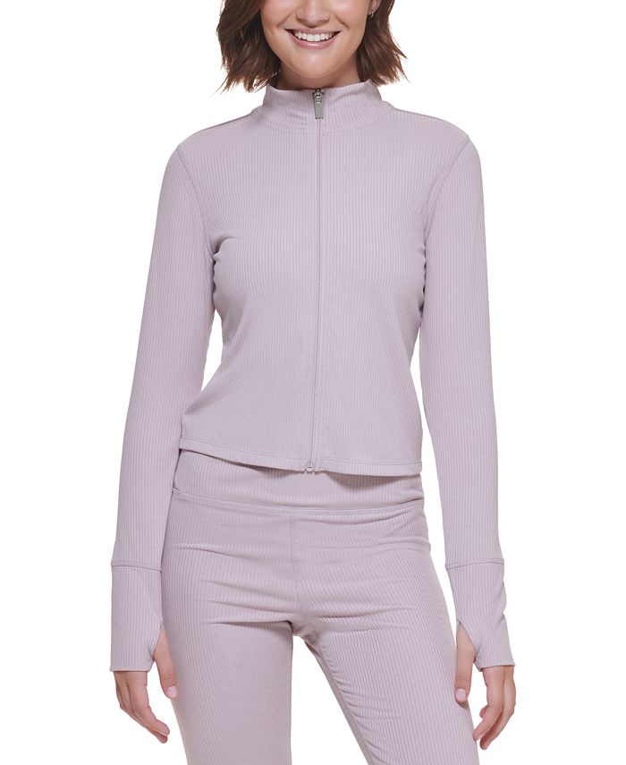 Calvin Klein Women's Ribbed Cropped Mock-Neck Zip-Up Jacket With Thumb ...