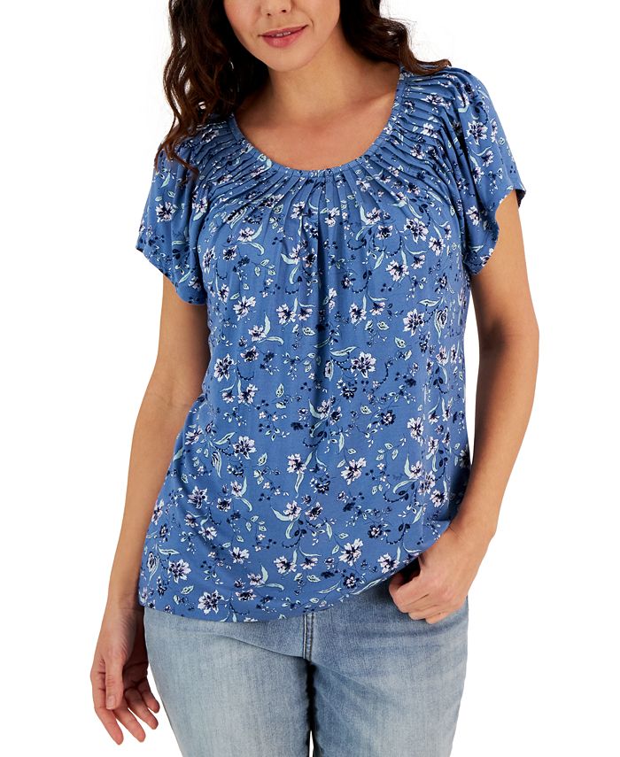 Style & Co Women's Floral-Printed Pleated-Neck Top, Created for Macy's ...