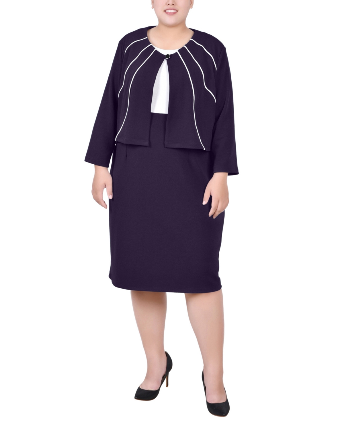 Ny Collection Plus Size Two Piece Jacket And Dress Set In Eggplant