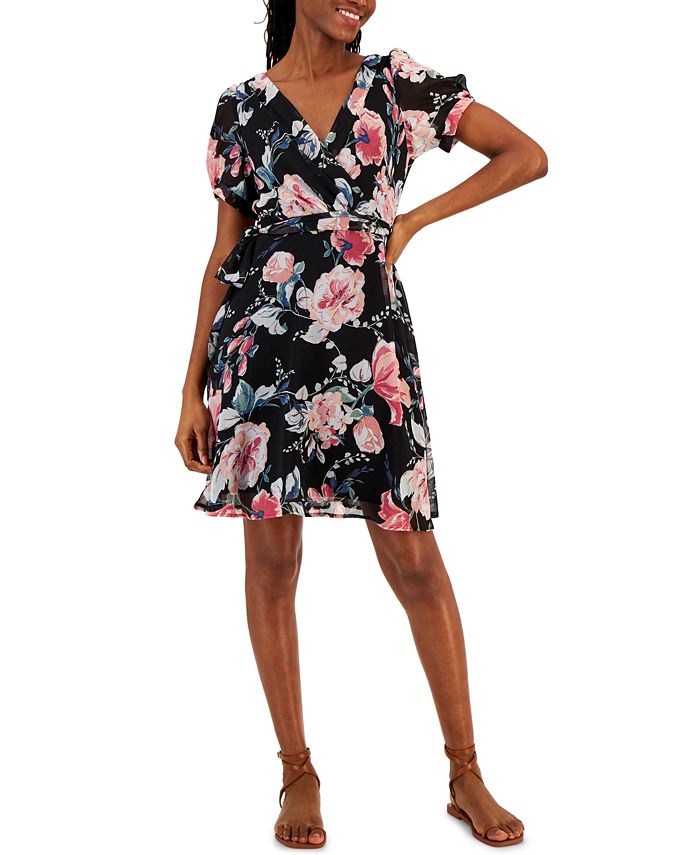 Connected Petite Floral-Print Faux-Wrap Chiffon Dress - Macy's