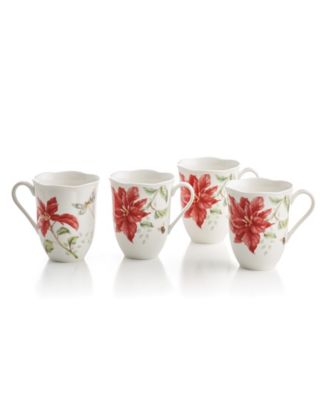 Butterfly Meadow Holiday Set/4 Mugs Poinsettias and Jasmine Design, Created for Macy's