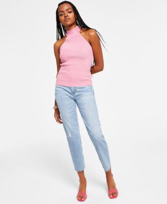 GUESS WOMENS MOCK TURTLENECK TOP FRAYED MOM JEANS